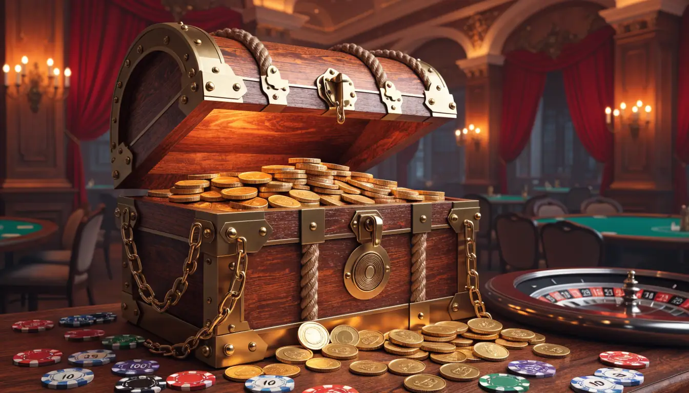 Treasure chest with casino chips and roulette wheel