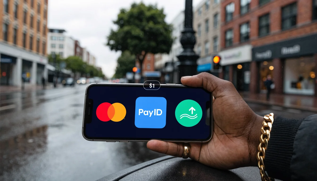 Hand with phone showing payment icons and $1 label