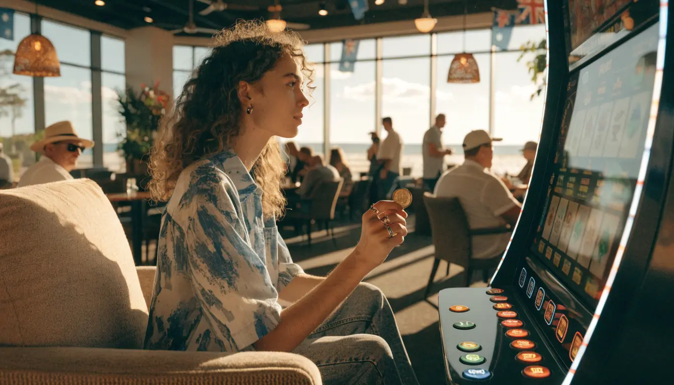 Australian player inserting a $1 coin into a slot machine in a sunny casino lounge