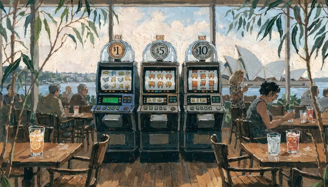 Three slot machines labeled $1, $5, $10 in an Australian casino lounge