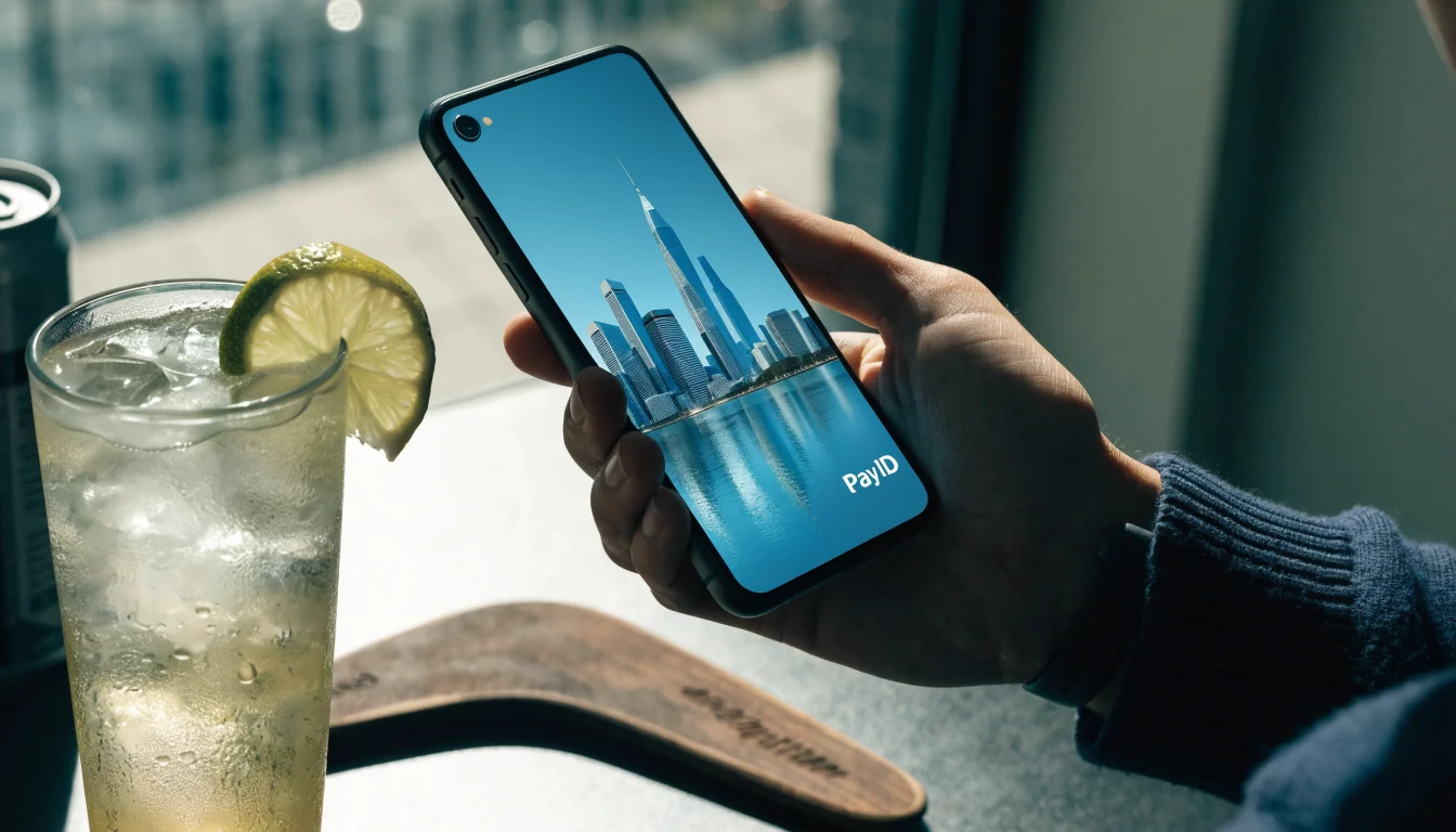 Hand using smartphone for mobile deposit with Australian skyline reflection