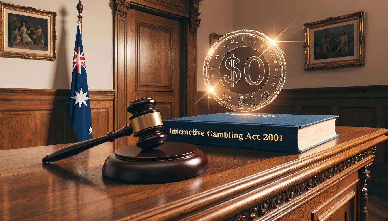 Australian courtroom with holographic $10 coin above legal book