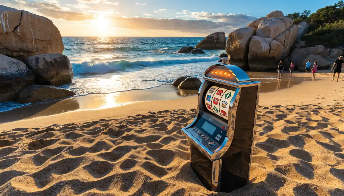 Australian beach sunrise with glowing slot machine on sand