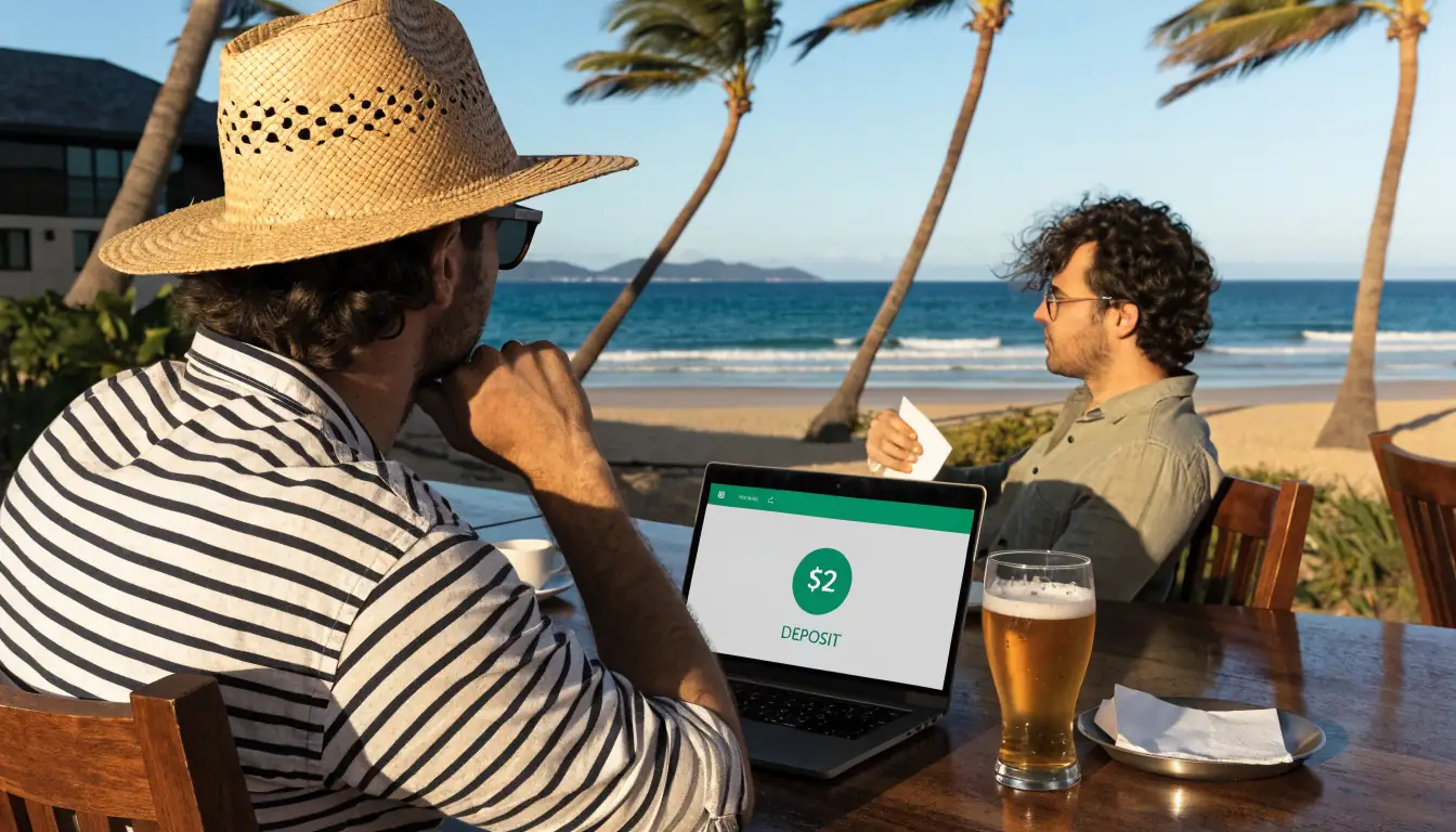 Australian beach casino lounge with laptop showing $2 deposit