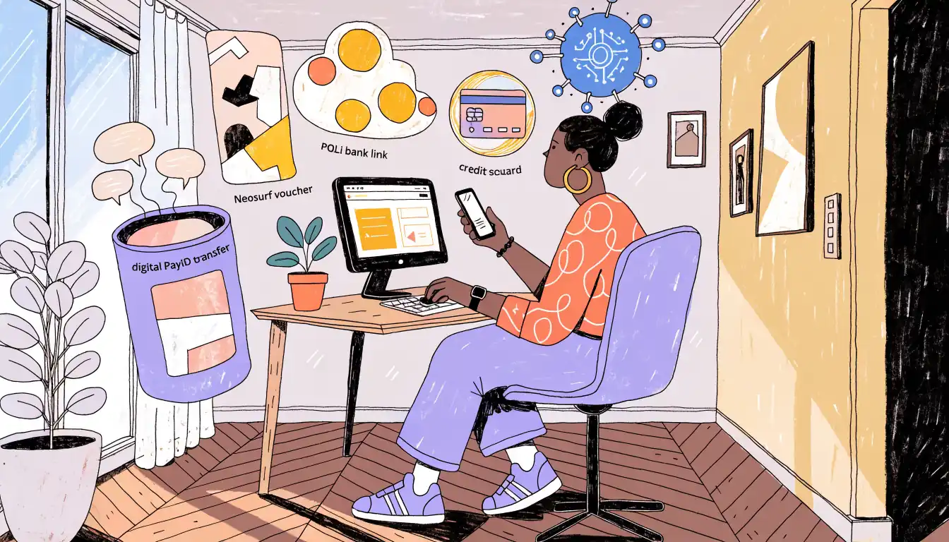 Home office scene with abstract payment method icons