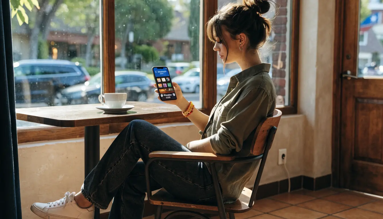 Cafe scene with smartphone displaying casino app
