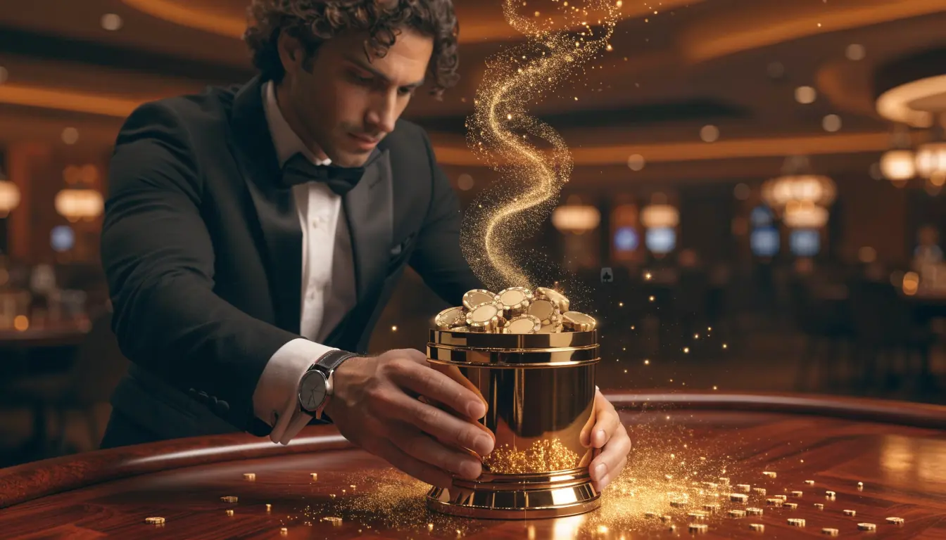 Dealer presenting gift box with chips and bonus glow