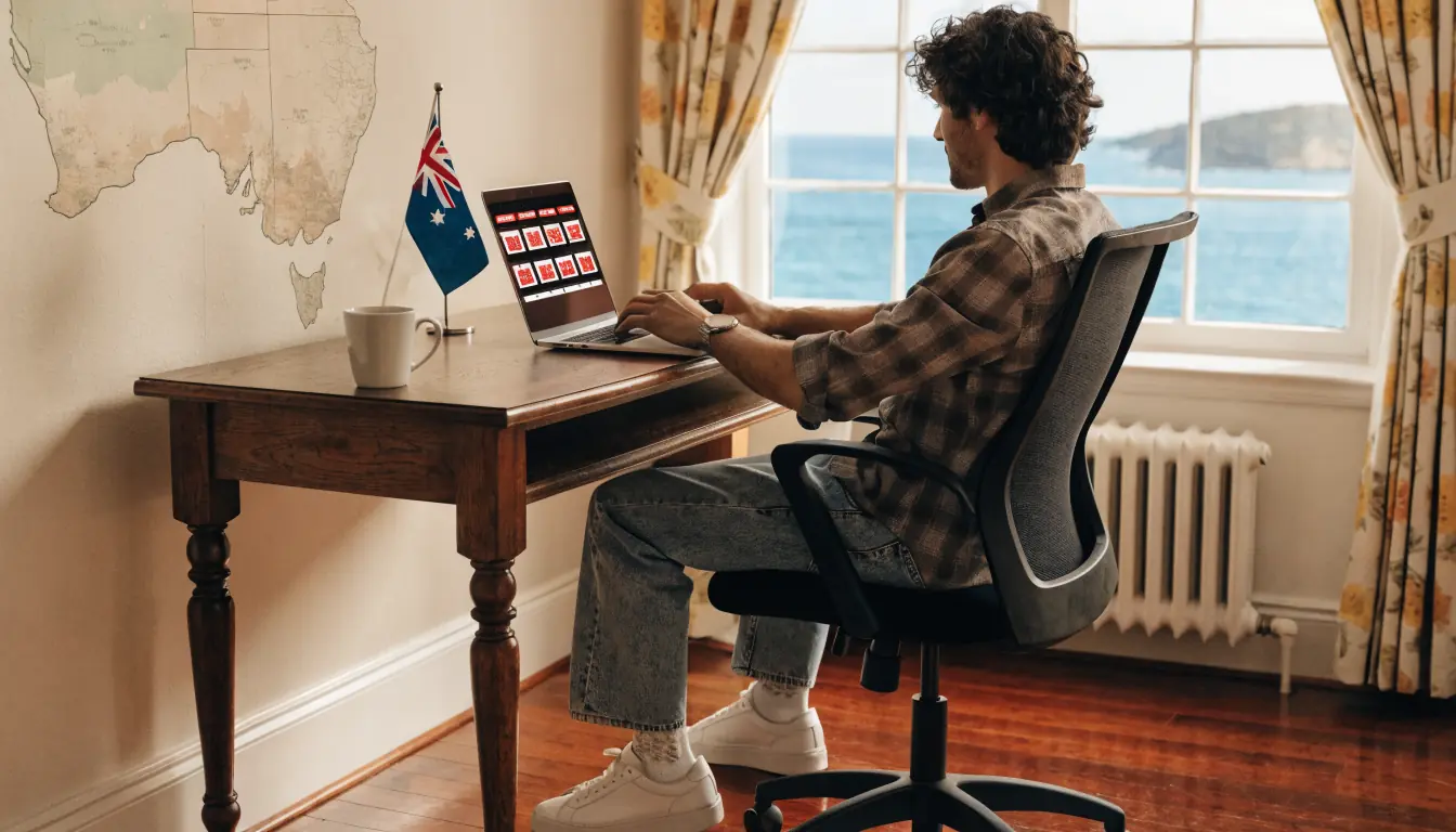 Home office with laptop displaying a casino game, Australian flag nearby.