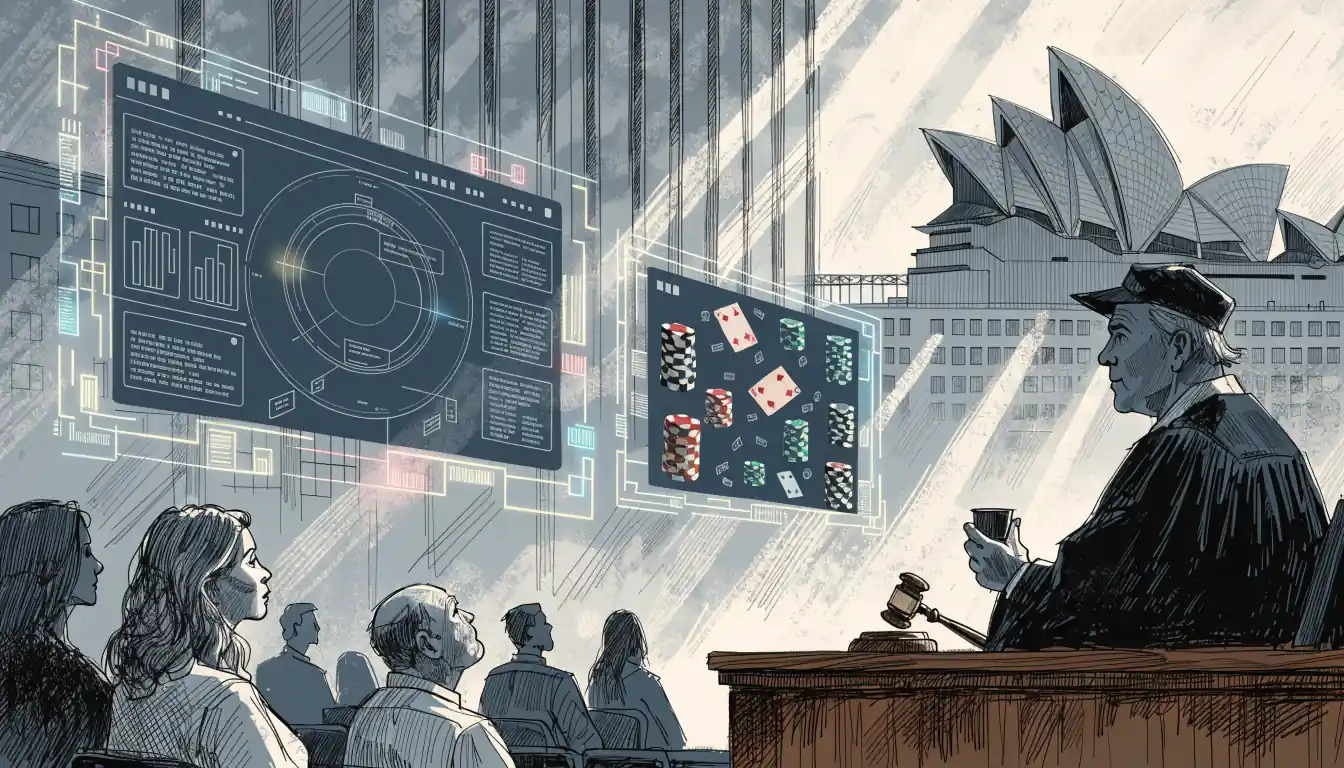 Courtroom with holographic casino symbols and Australian landmarks