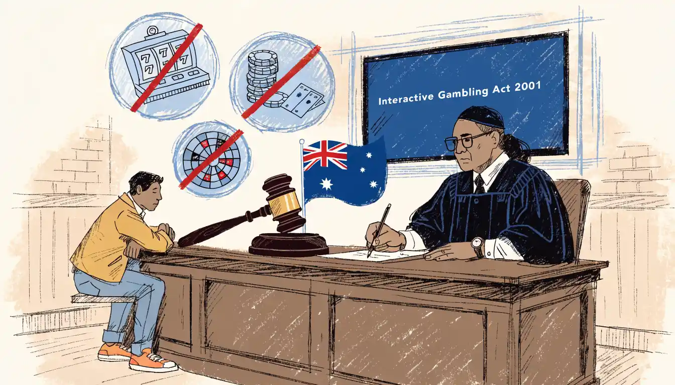 Illustration of Australian legal setting with casino game icons crossed out.
