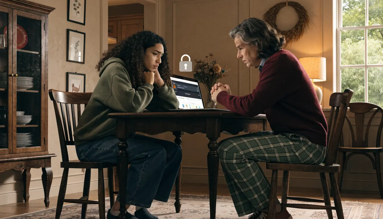 Family members viewing casino bonus on laptop