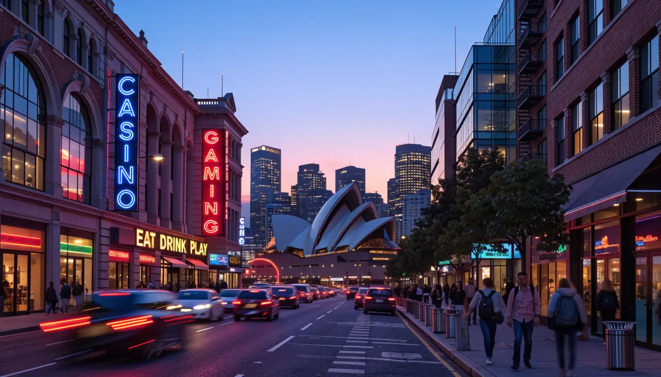 Australian cityscape with casino signs at dusk