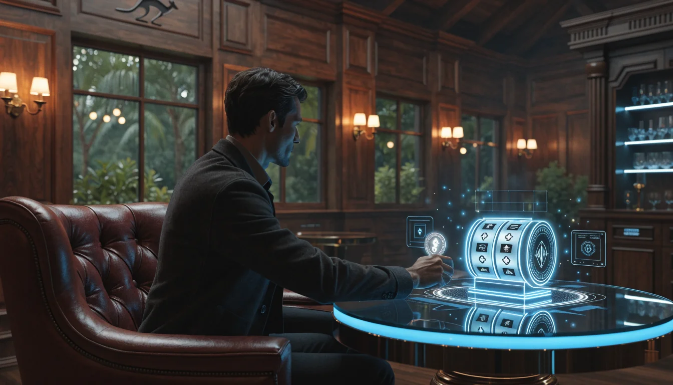 Futuristic Australian casino lounge with holographic crypto coin