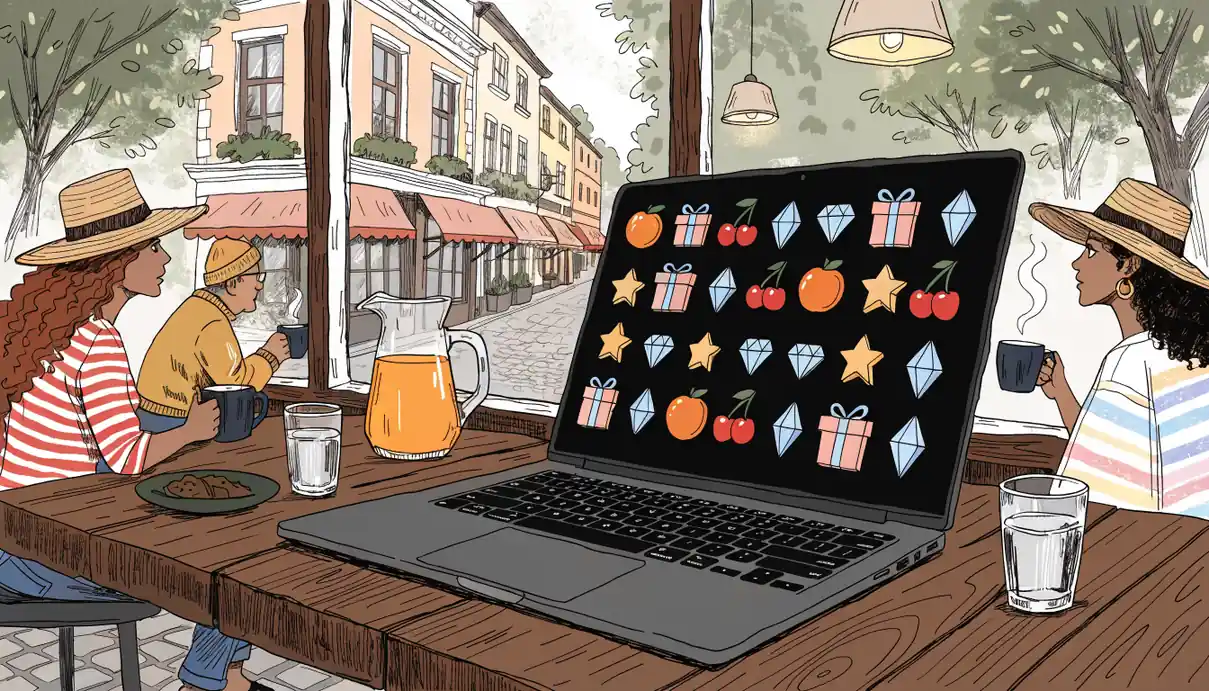 Laptop showing a grid of slot game icons in a café
