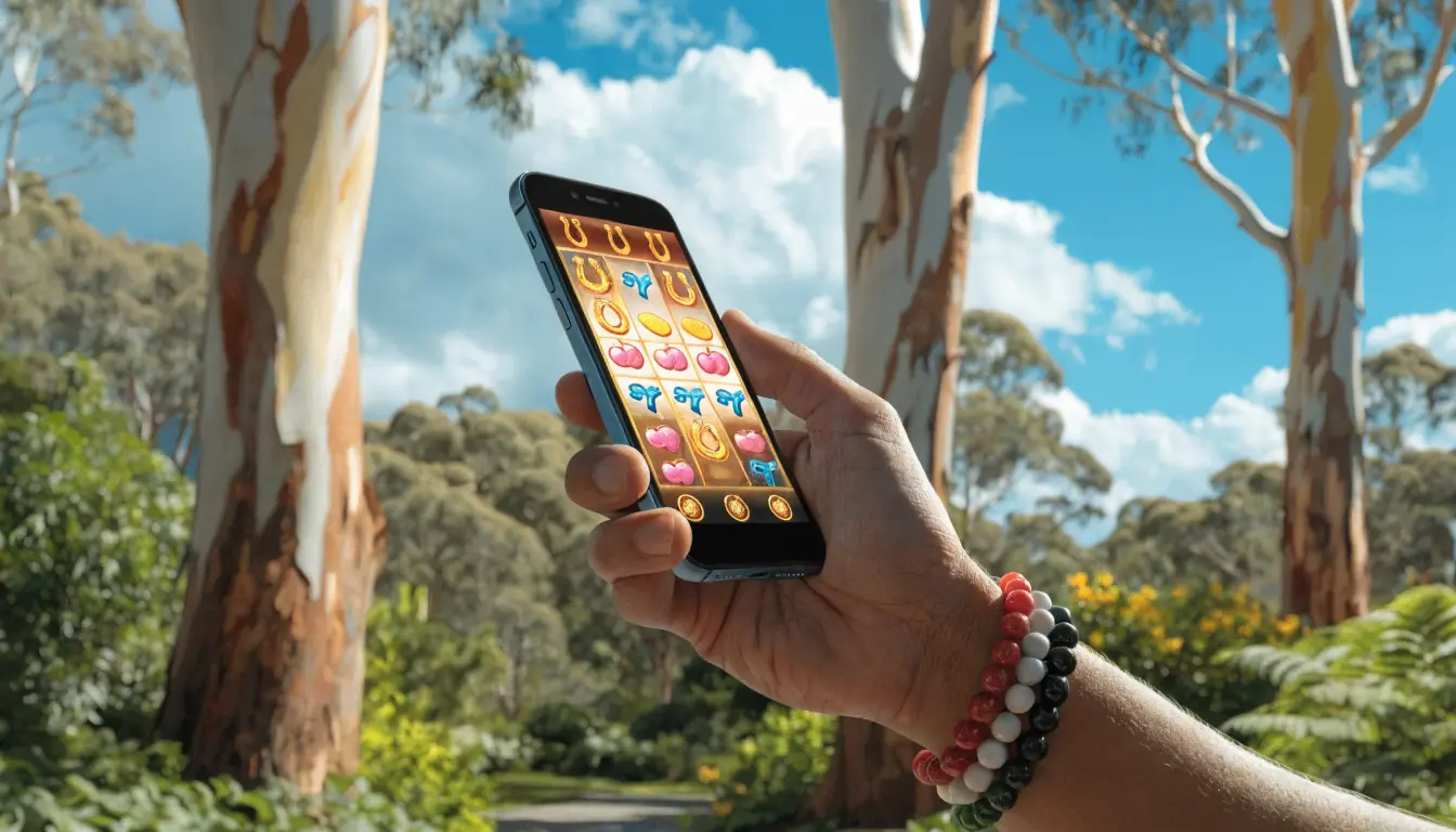 Smartphone showing a slot game demo in a park