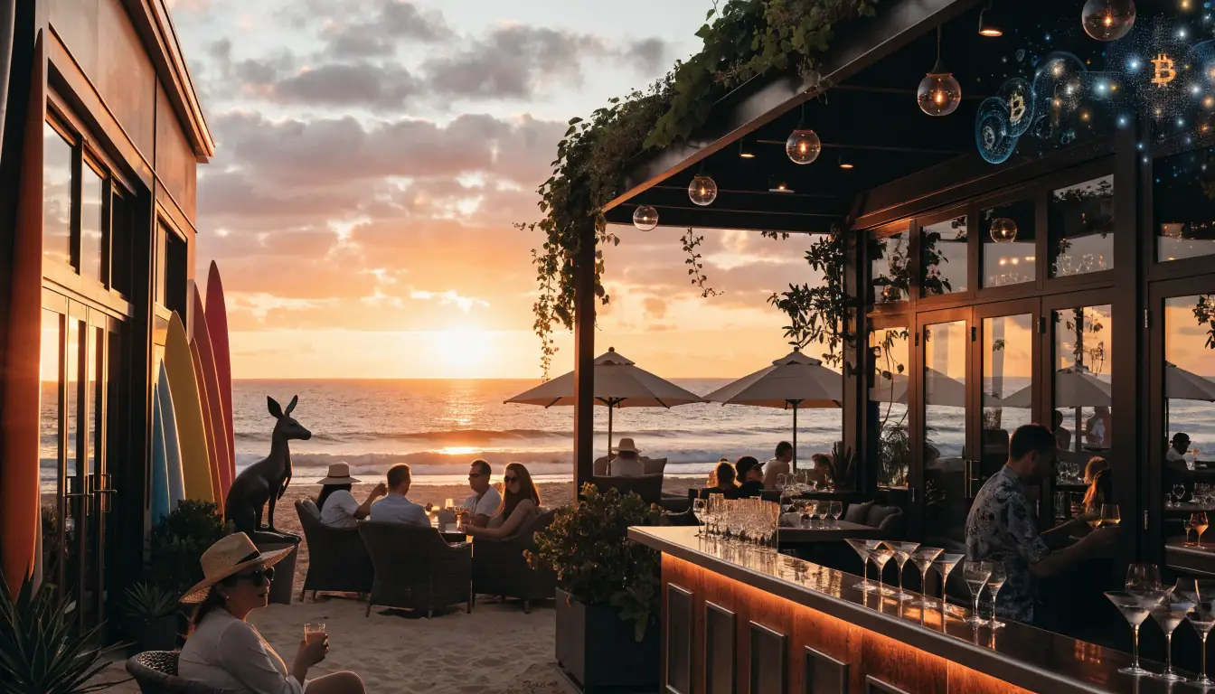 Australian beachfront casino lounge with crypto symbols at sunset