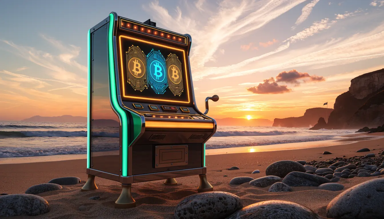 Slot machine on beach showing crypto symbols