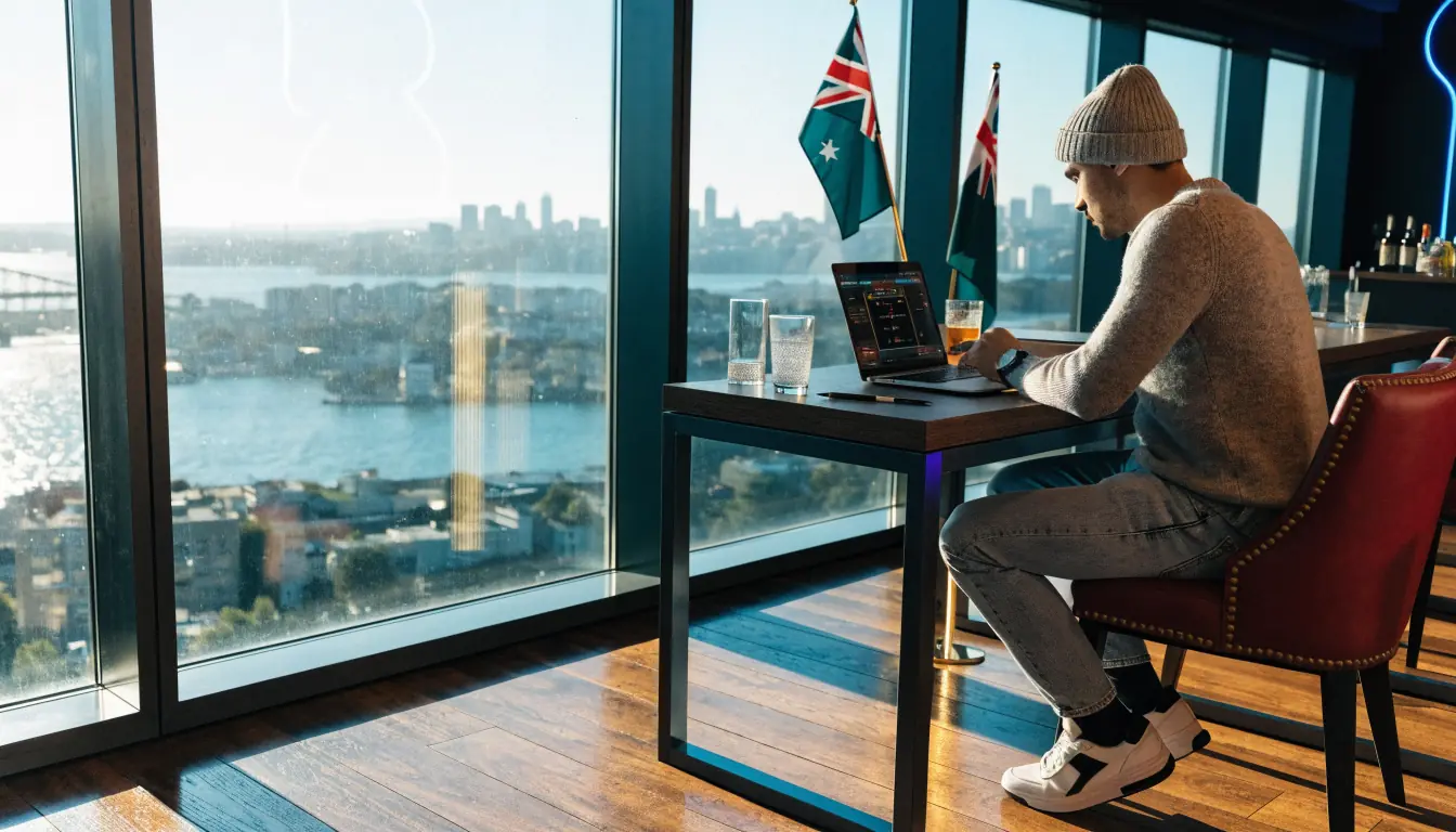 Australian casino lounge with laptop and city view