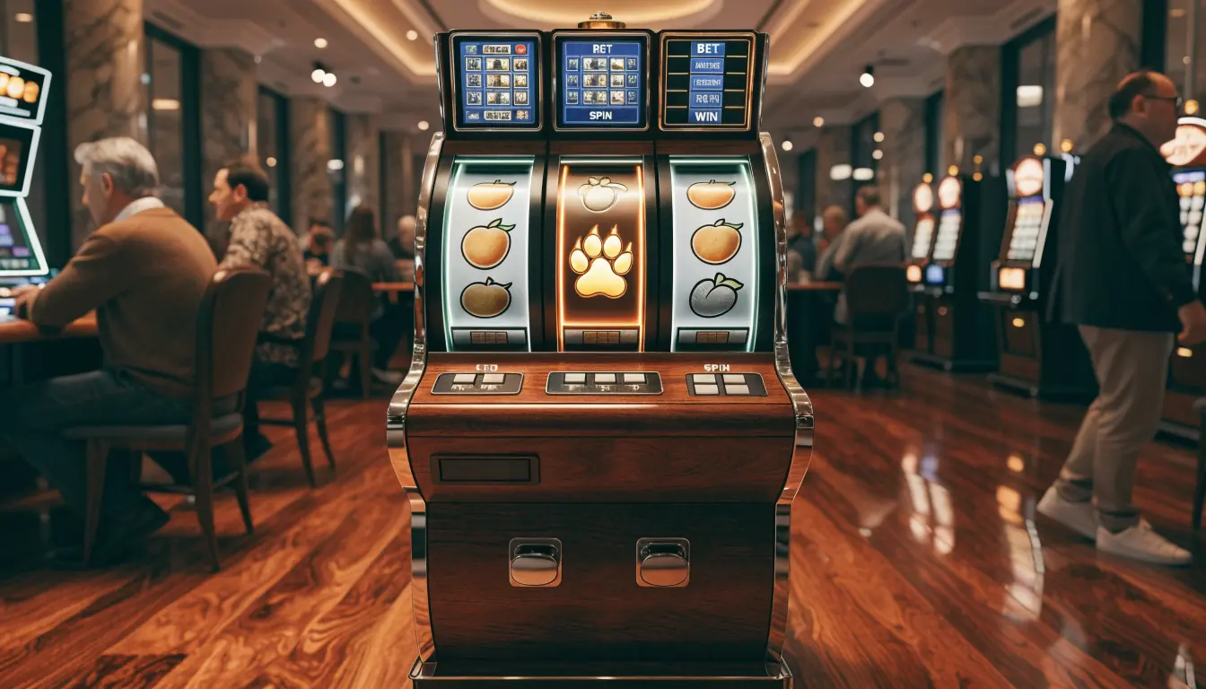 Golden Paw 3‑reel slot machine glowing on mahogany floor