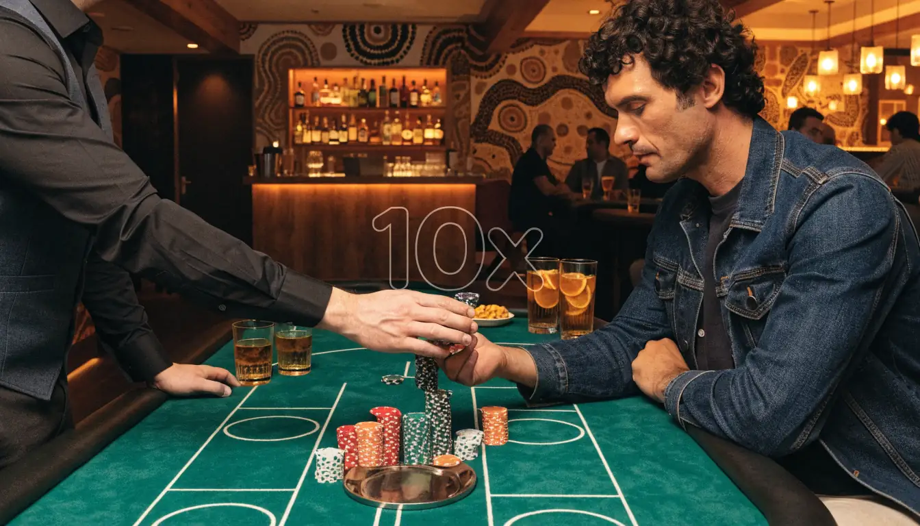 Casino dealer giving chips with floating 10x multiplier overlay