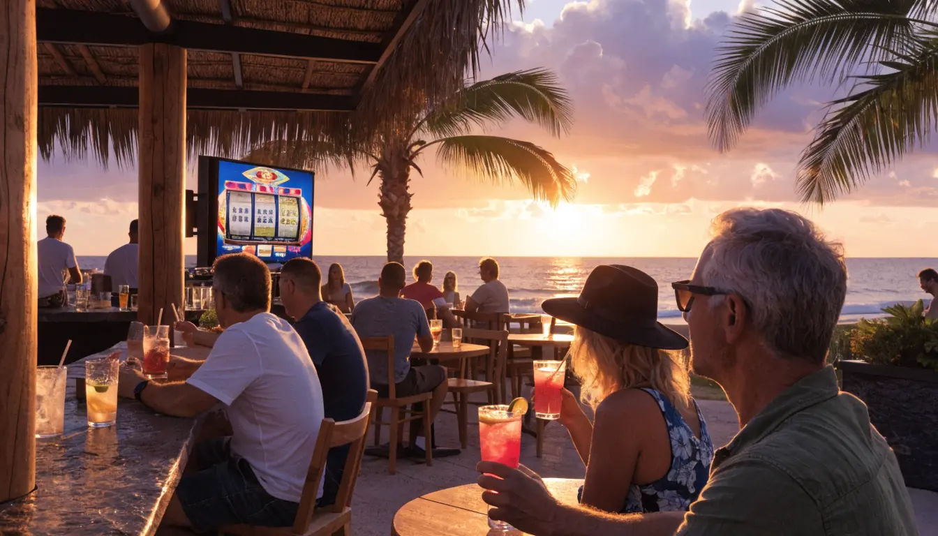 Australian beach bar at sunset with digital slot reels on screen