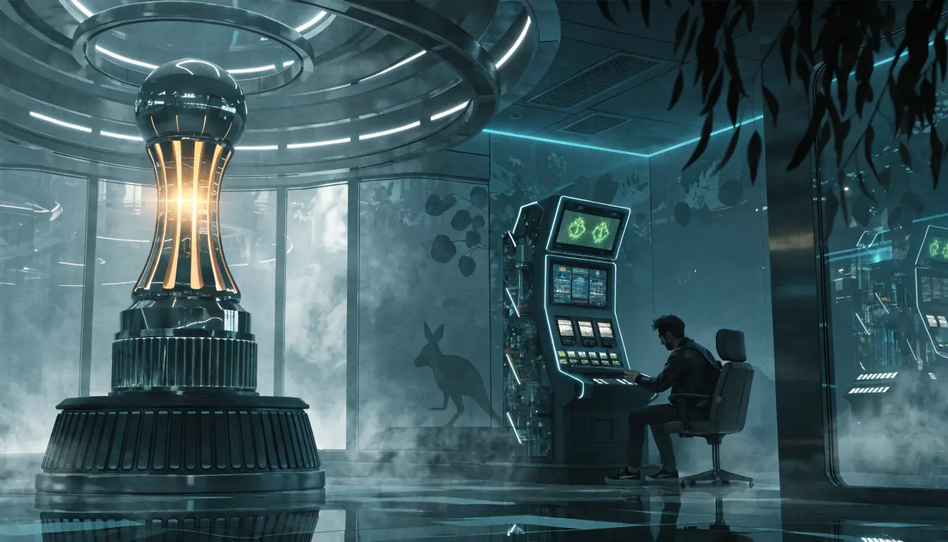 Futuristic casino lounge with jackpot trophy and slot machine