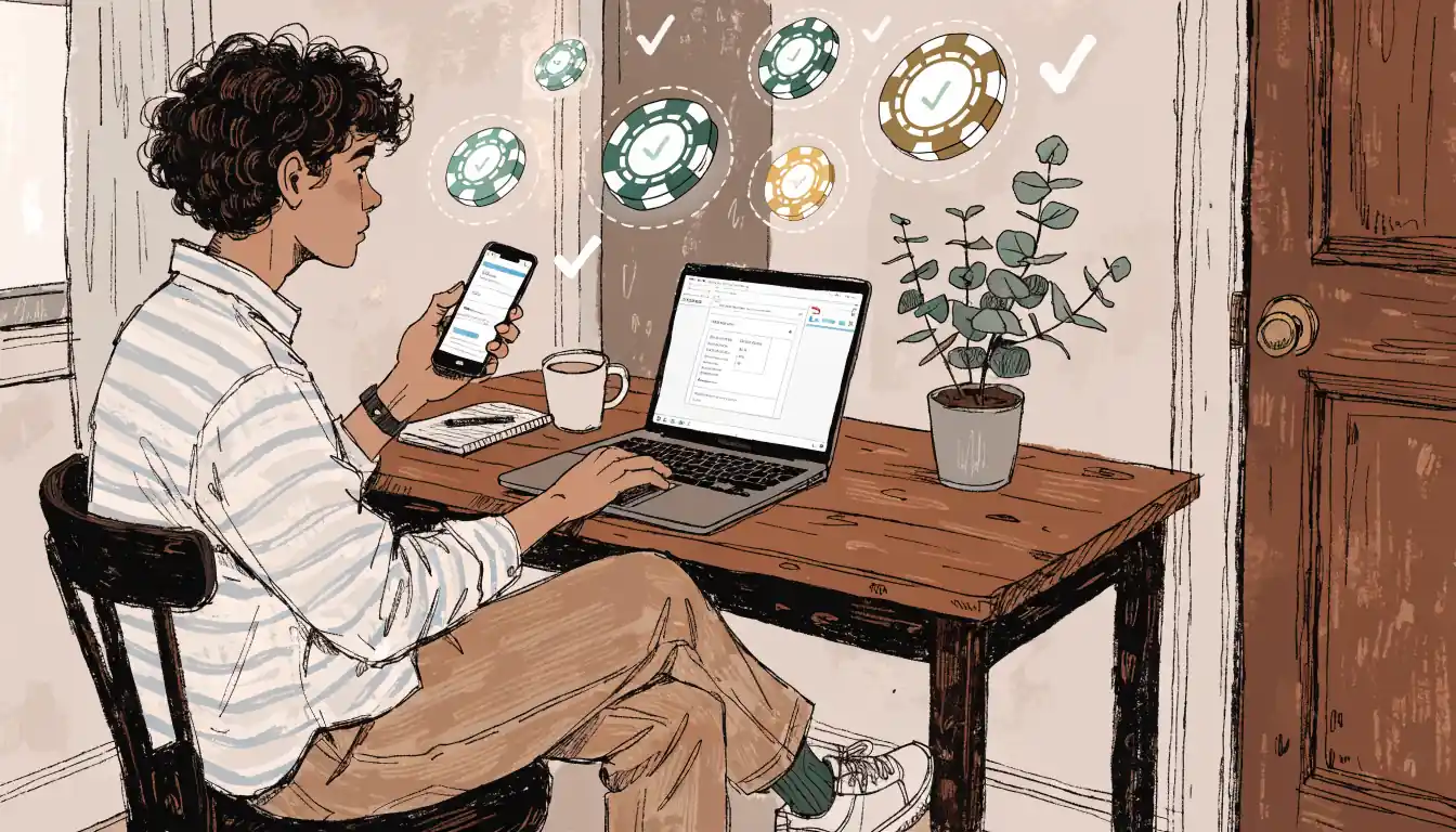 Person at desk with laptop, phone, holographic casino chips
