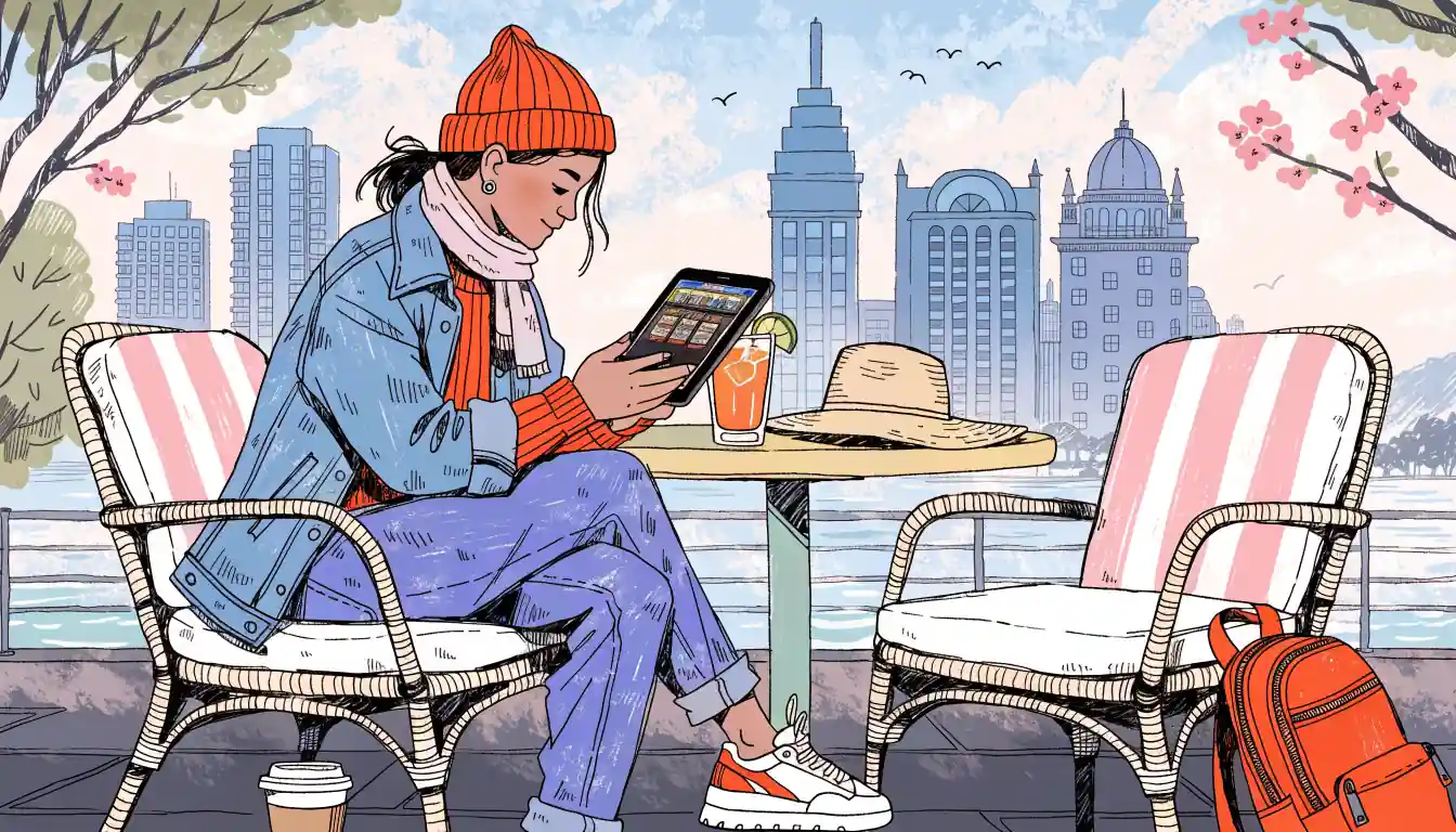 Traveler with tablet playing slot game near Sydney cafés