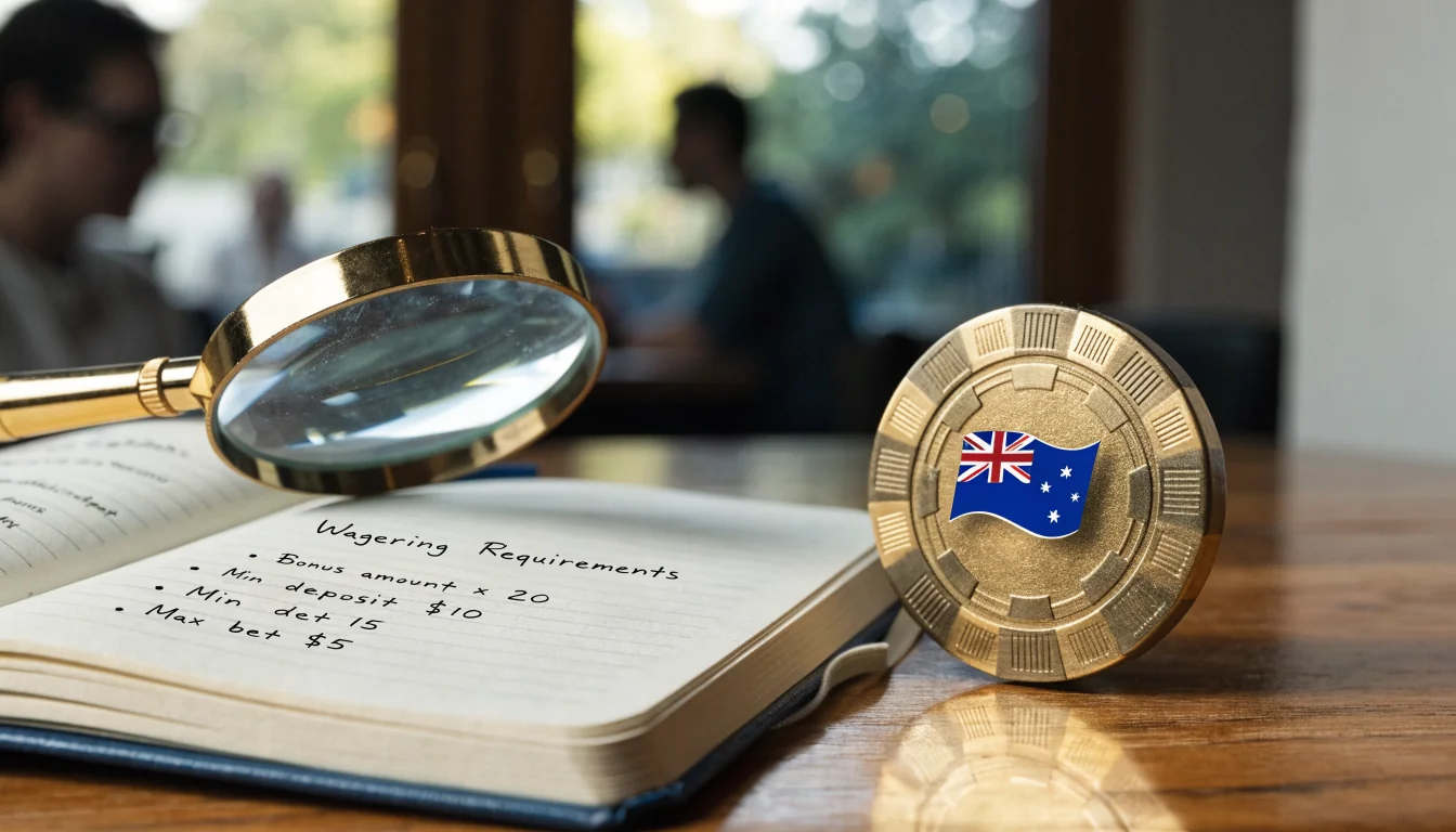 Golden chip and notebook with magnifying glass showing bonus terms