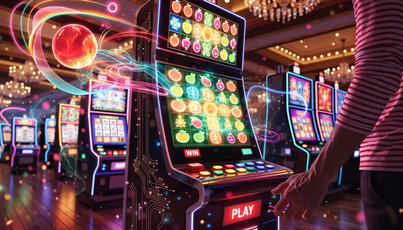 Neon video slot machine with spinning reels