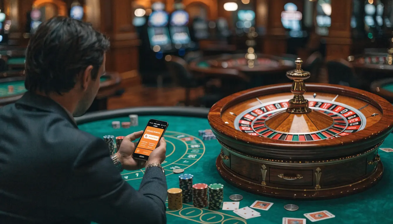Player checking phone offers at casino table