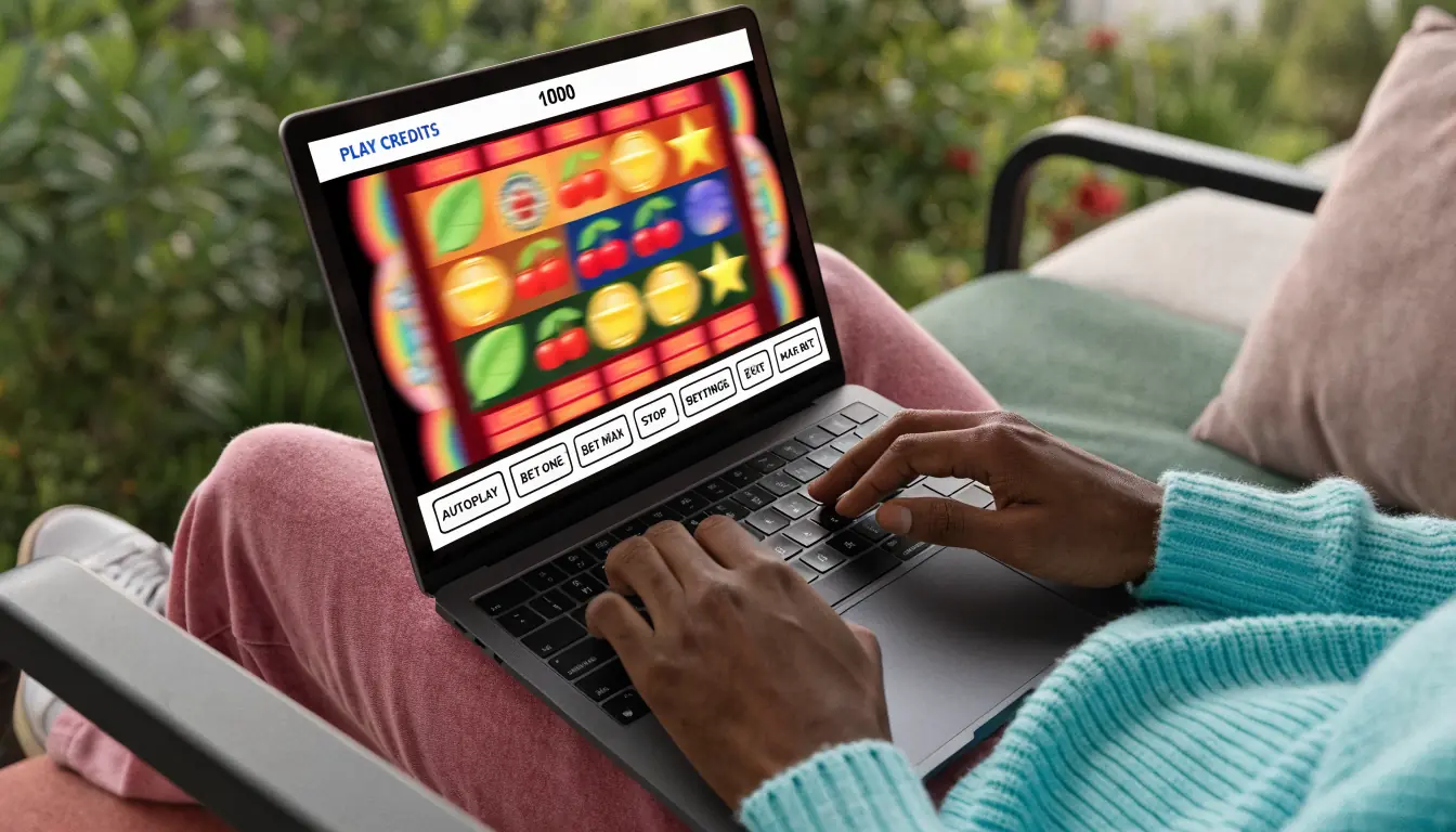 Laptop displaying a slot machine demo with play credits