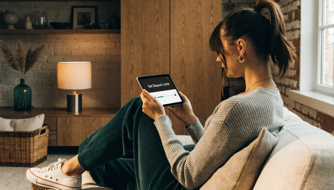 Person setting deposit limit on tablet in a home setting