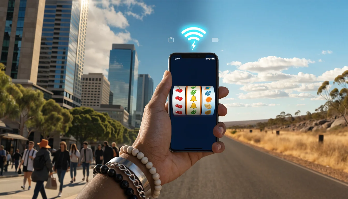 Smartphone showing 3D slot reels with Wi‑Fi and mobile data icons