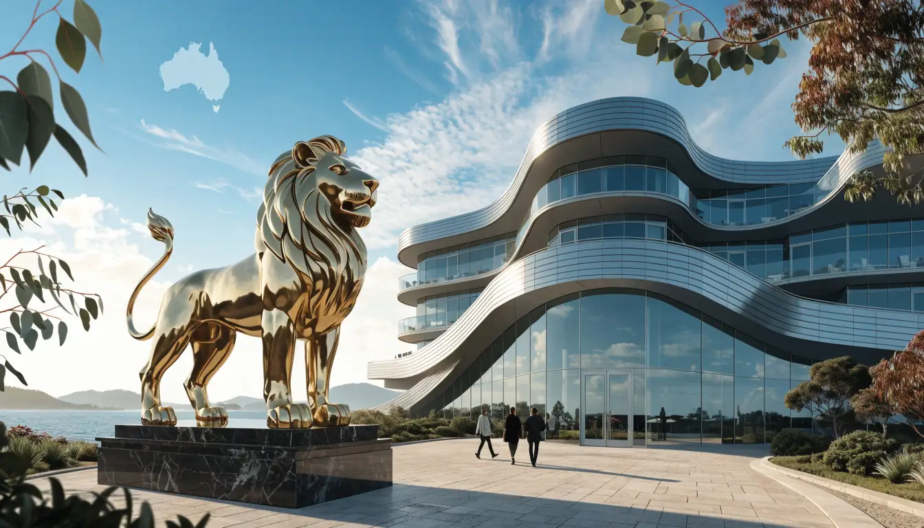 Maltese lion statue beside offshore casino with Australian motifs