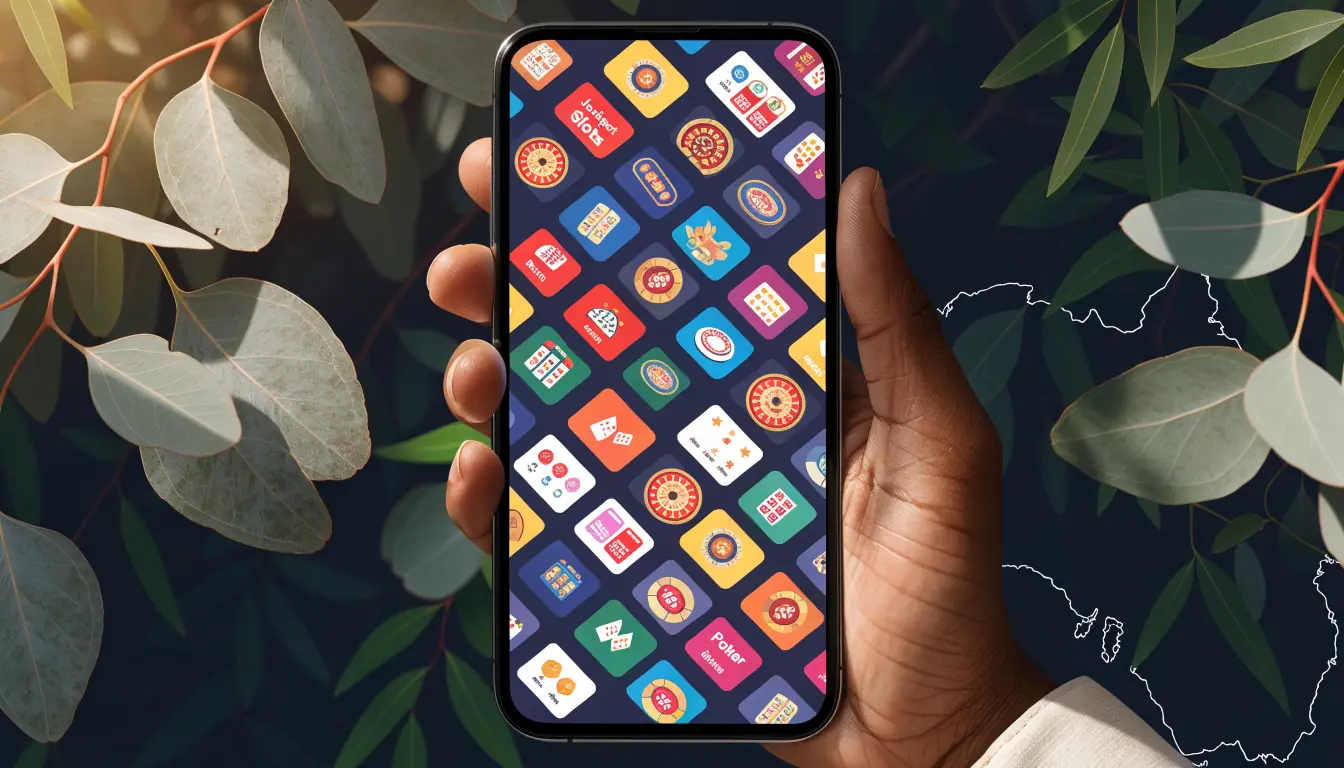 Smartphone screen showing full grid of casino game icons with Australian motifs