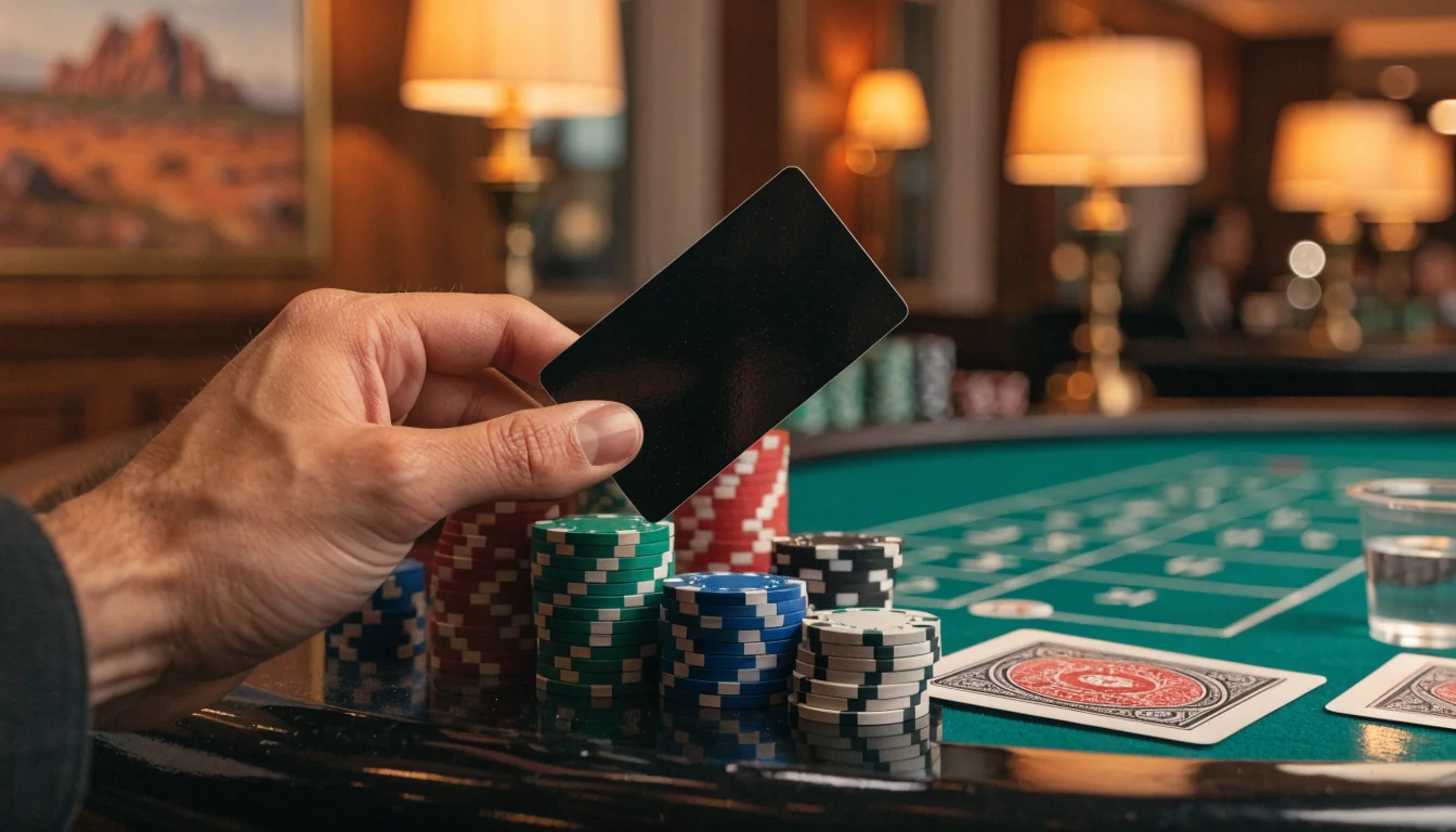 Hand holding generic casino loyalty card beside gaming table