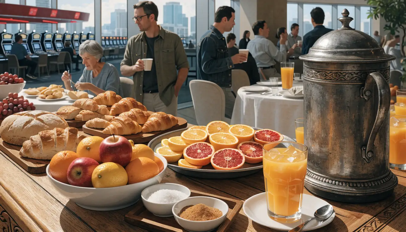 Casino buffet area with breakfast spread and gaming view