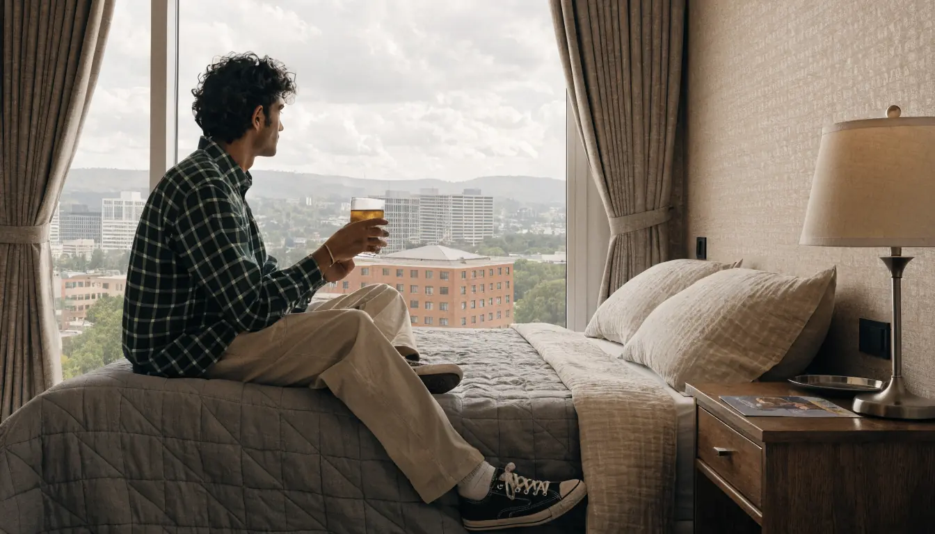 Cozy Canberra hotel room with city view and casino brochure.