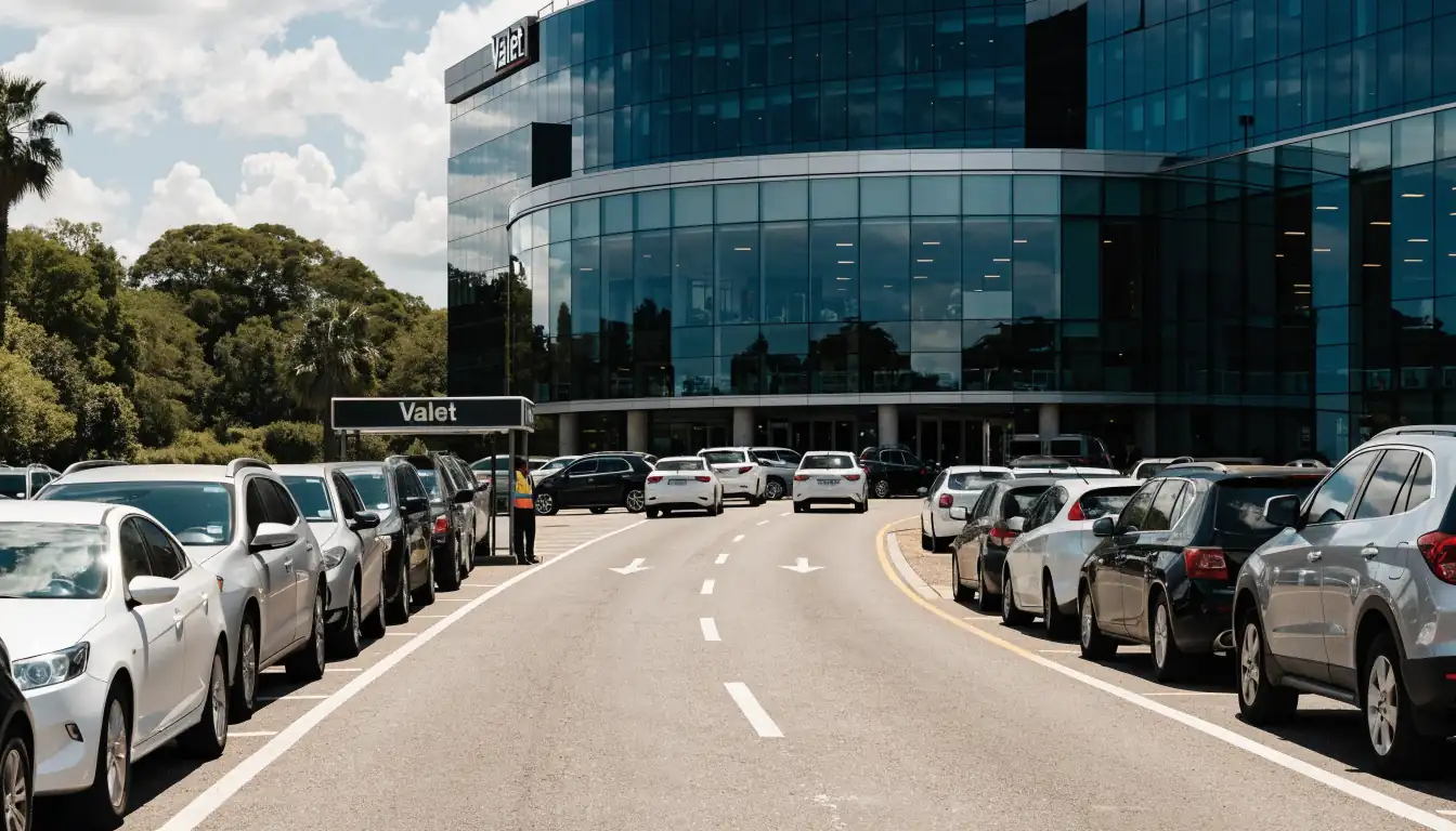 Casino parking lot with cars and valet service.