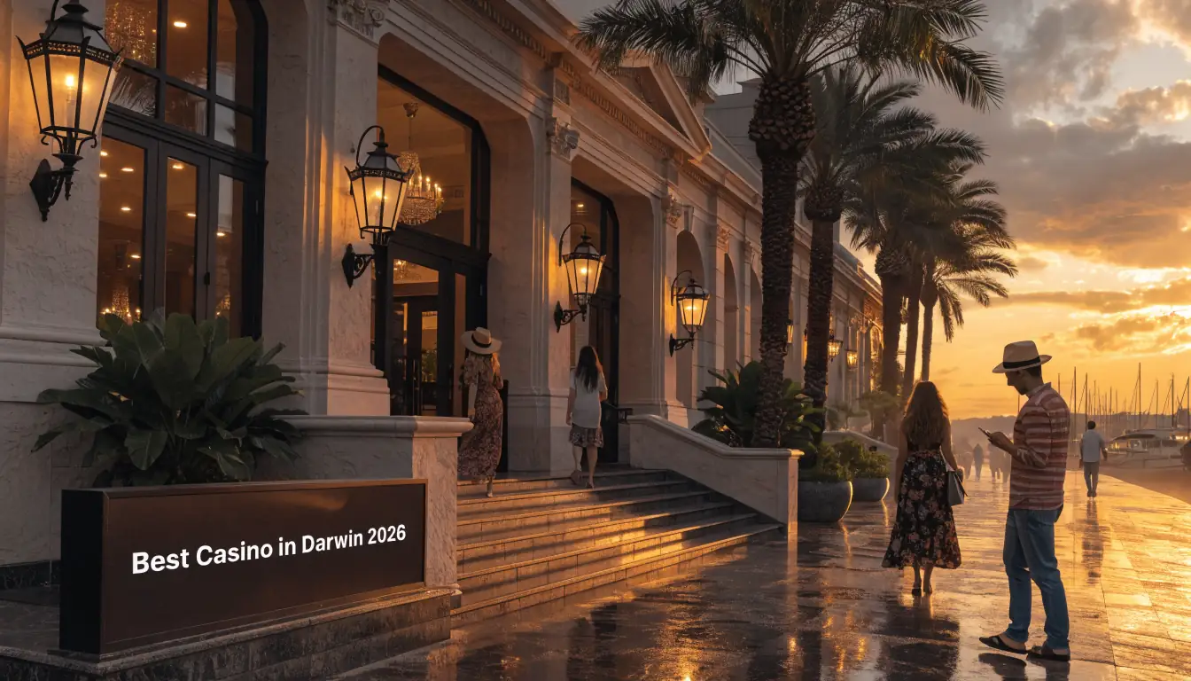 Darwin Casino entrance at sunset with tropical palms and harbour lights