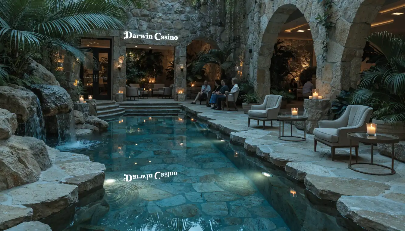 Luxurious spa area inside Darwin casino with pool and tropical plants