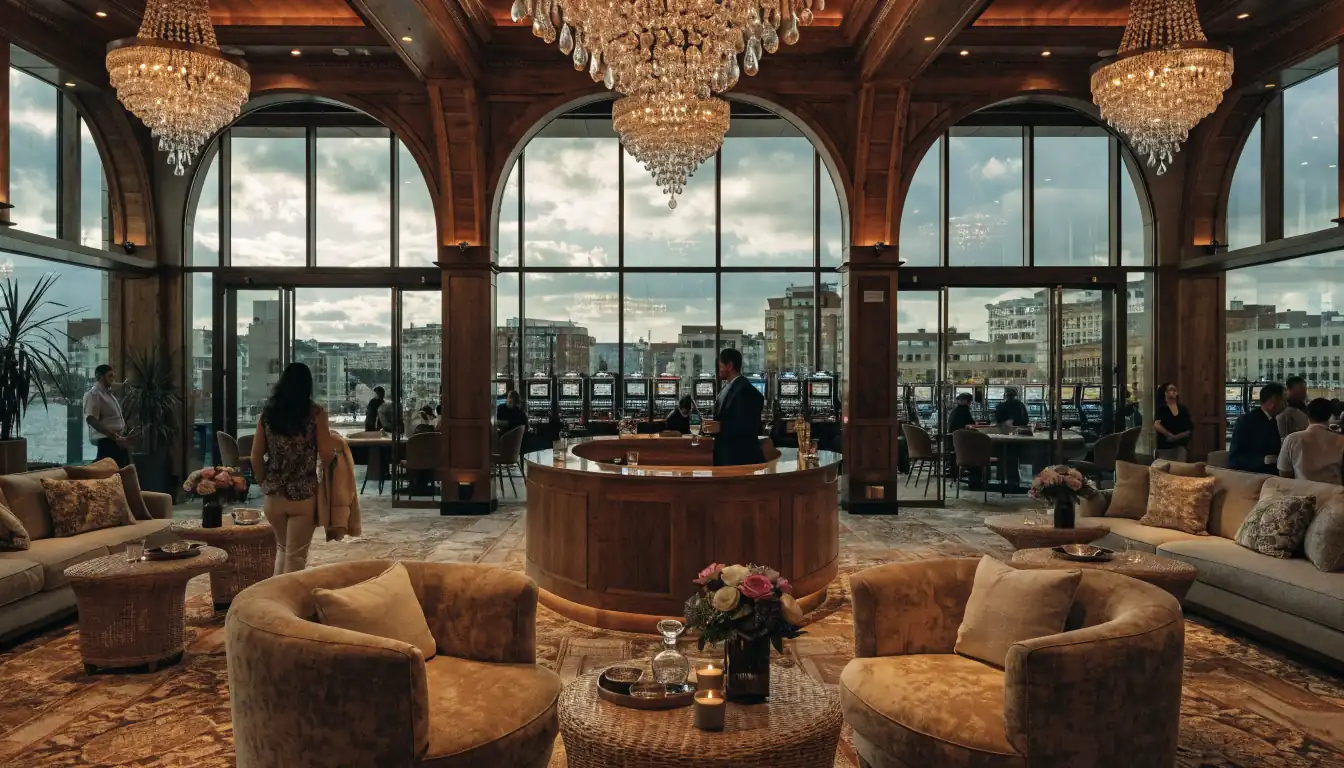 Luxurious hotel lobby with visible casino floor