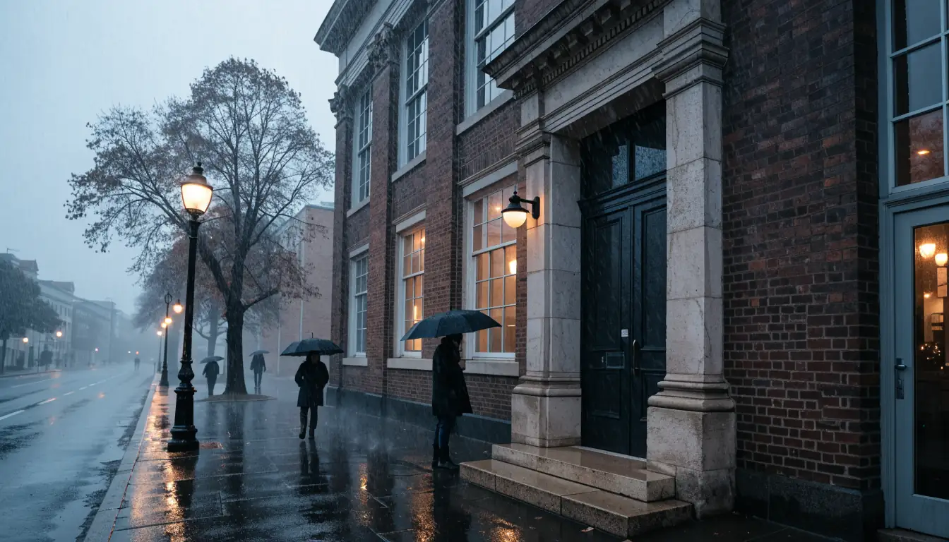 Closed Hobart casino entrance on rainy evening
