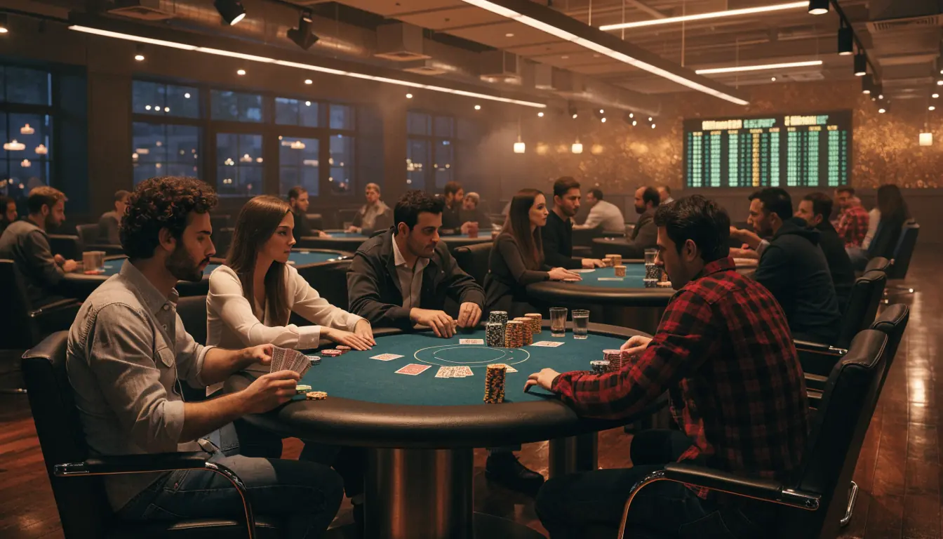 Poker room with tables, players, and bright lighting