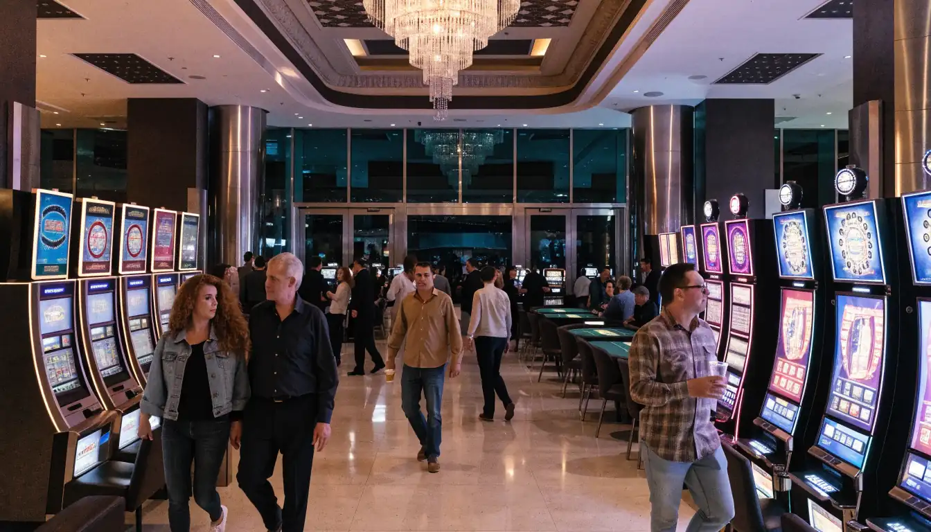 Evening view of Melbourne casino gaming floor with lights