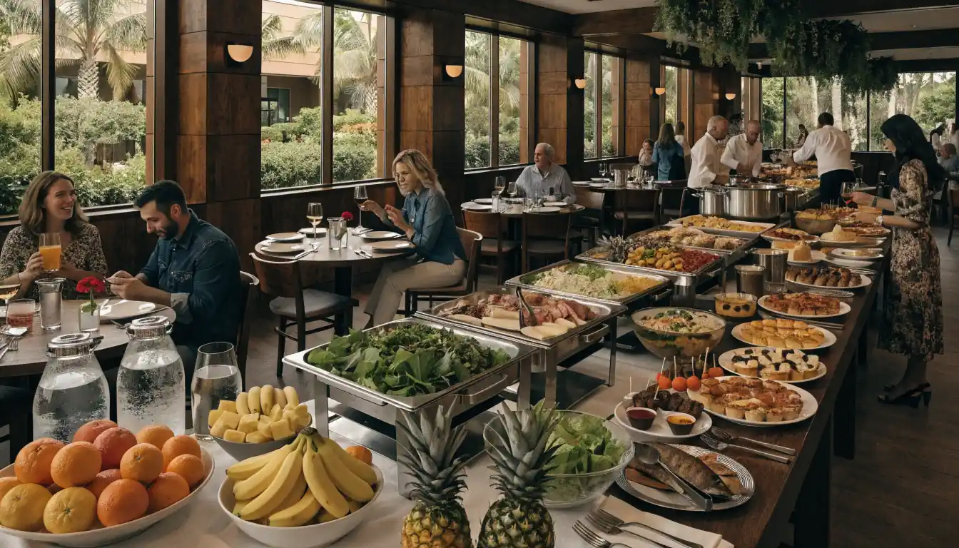 Modern casino buffet hall with abundant dishes
