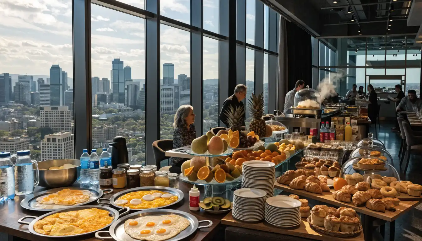 Elegant casino hotel breakfast buffet with Sydney skyline