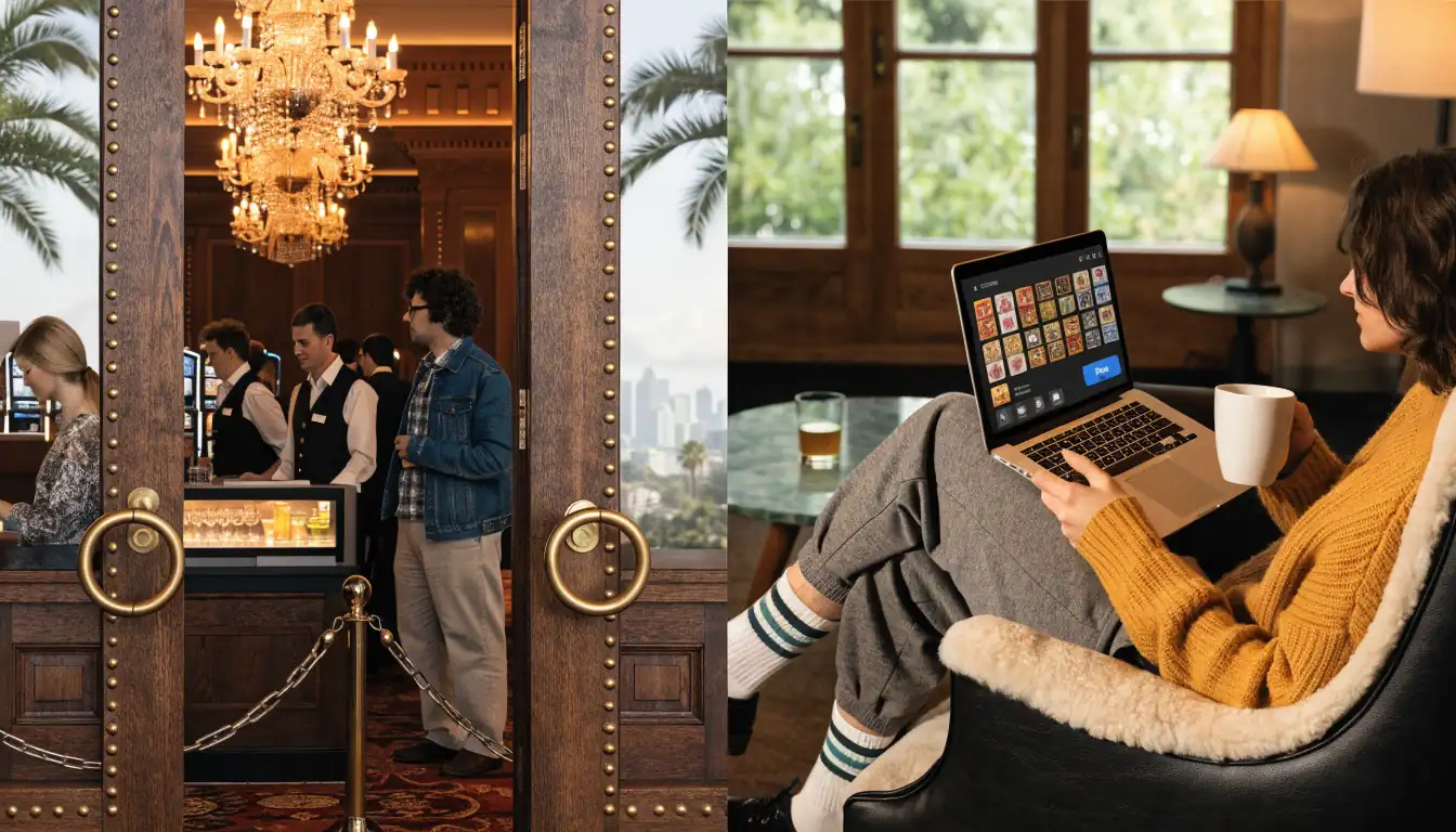 Physical casino floor contrasted with online gaming on laptop