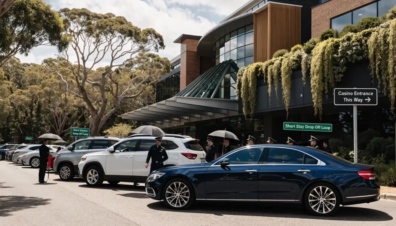 Cars in short‑stay drop‑off area beside Tasmanian casino